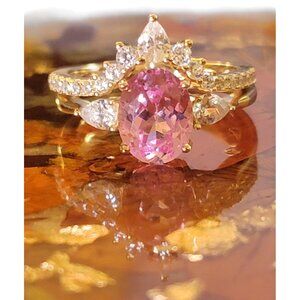 3CT Lab Grown Intense Pink Sapphire Ring Set 14K Gold Sz 6 NWT